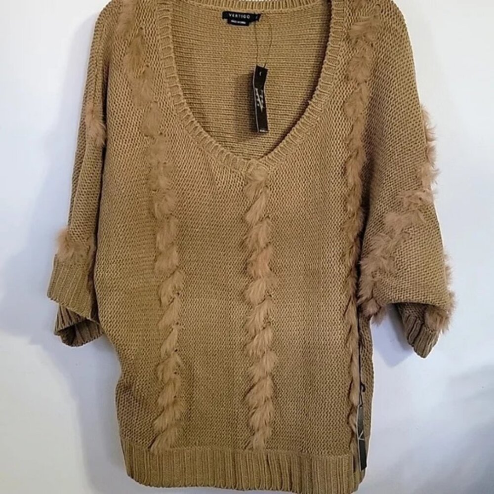 Vertigo Paris Sweater Knit Yarn Angora Fur Drop U-neck Camel Ribbed Dolman - NWT